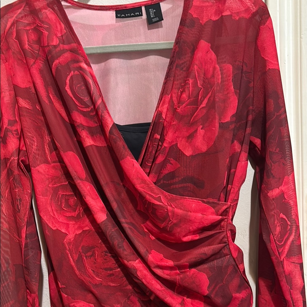 Koral Red and Black Long Sleeve Wrap Bodysuit - Picture 2 of 5